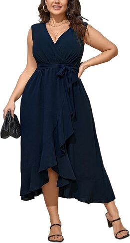Women Plus Size Maxi Dress 2024 Sleeveless Wrap V Neck Belted High Low Split Long Dress in Saudi Arabia