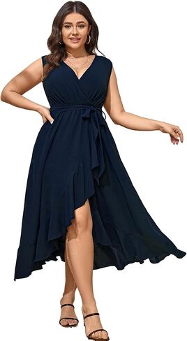 Women Plus Size Maxi Dress 2024 Sleeveless Wrap V Neck Belted High Low Split Long Dress in Saudi Arabia