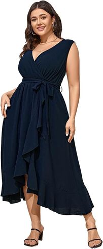 Women Plus Size Maxi Dress 2024 Sleeveless Wrap V Neck Belted High Low Split Long Dress in Saudi Arabia