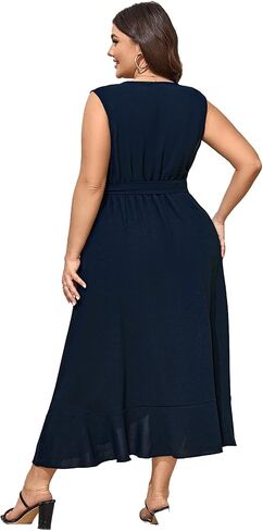 Women Plus Size Maxi Dress 2024 Sleeveless Wrap V Neck Belted High Low Split Long Dress in Saudi Arabia