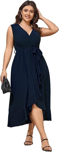 Women Plus Size Maxi Dress 2024 Sleeveless Wrap V Neck Belted High Low Split Long Dress in Saudi Arabia