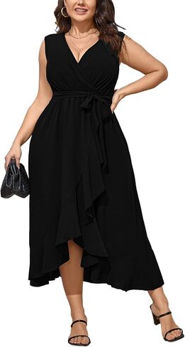 Women Plus Size Maxi Dress 2024 Sleeveless Wrap V Neck Belted High Low Split Long Dress in Saudi Arabia