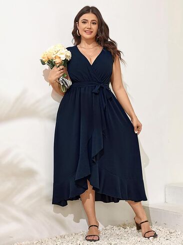 Women Plus Size Maxi Dress 2024 Sleeveless Wrap V Neck Belted High Low Split Long Dress in Saudi Arabia