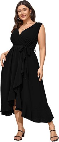 Women Plus Size Maxi Dress 2024 Sleeveless Wrap V Neck Belted High Low Split Long Dress in Saudi Arabia