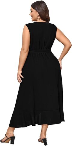 Women Plus Size Maxi Dress 2024 Sleeveless Wrap V Neck Belted High Low Split Long Dress in Saudi Arabia