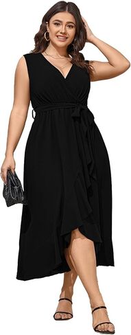 Women Plus Size Maxi Dress 2024 Sleeveless Wrap V Neck Belted High Low Split Long Dress in Saudi Arabia