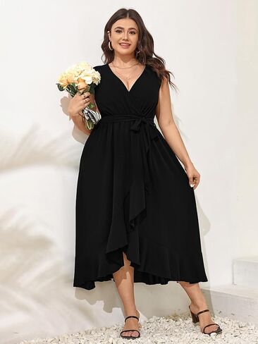 Women Plus Size Maxi Dress 2024 Sleeveless Wrap V Neck Belted High Low Split Long Dress in Saudi Arabia