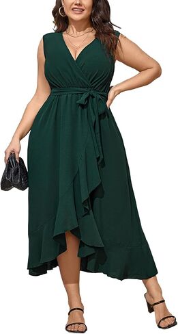 Women Plus Size Maxi Dress 2024 Sleeveless Wrap V Neck Belted High Low Split Long Dress in Saudi Arabia