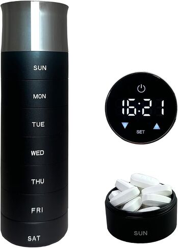 Metal Aluminum Alloy Travel Pill Organizer with Display, Touchscreen with 4 Alarms, USB Charge, Portable, Waterproof Weekly Pill Box, BPA Free 7 Day Daily Organizer Holder for Medicine, Vitamin in Saudi Arabia