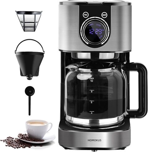 Homtone 10 Cup Programmable Coffee Maker, Drip Coffee Maker with LCD Screen, Glass Carafe, Warming Plate, Auto Shut Off, Regular & Strong Brew for Home and Office, Stainless Steel in Kuwait