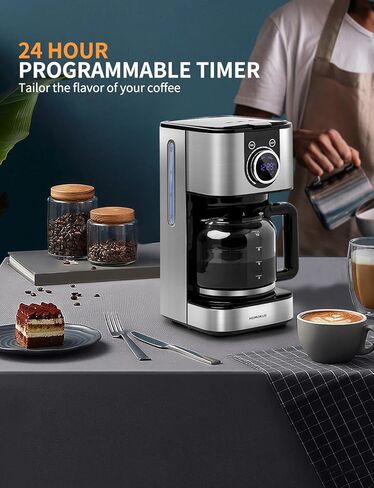Homtone 10 Cup Programmable Coffee Maker, Drip Coffee Maker with LCD Screen, Glass Carafe, Warming Plate, Auto Shut Off, Regular & Strong Brew for Home and Office, Stainless Steel in Kuwait