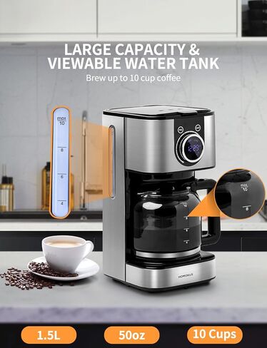 Homtone 10 Cup Programmable Coffee Maker, Drip Coffee Maker with LCD Screen, Glass Carafe, Warming Plate, Auto Shut Off, Regular & Strong Brew for Home and Office, Stainless Steel in Kuwait