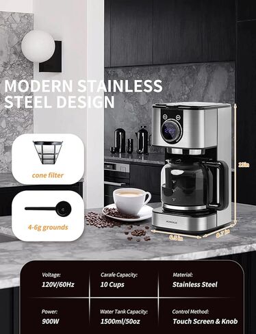 Homtone 10 Cup Programmable Coffee Maker, Drip Coffee Maker with LCD Screen, Glass Carafe, Warming Plate, Auto Shut Off, Regular & Strong Brew for Home and Office, Stainless Steel in Kuwait