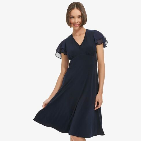 Tommy Hilfiger Women's Chiffon Flutter Sleeve V-Neck Knee Length Dress in Saudi Arabia