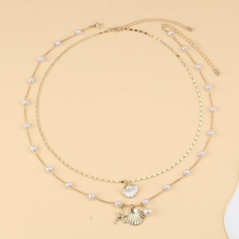 Ocean Wind Shell Imitation Pearl Necklace Set Rice Beads Shell Beach Pendant Necklace for Women Adjustable Layered Natural Sea Shell Beads Choker Necklace for Girls Summer Beach Jewelry in Saudi Arabia