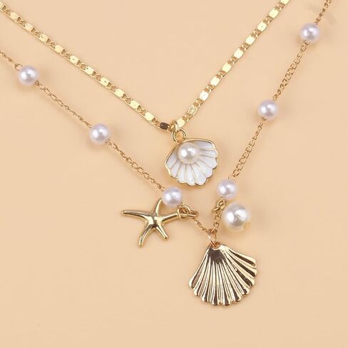 Ocean Wind Shell Imitation Pearl Necklace Set Rice Beads Shell Beach Pendant Necklace for Women Adjustable Layered Natural Sea Shell Beads Choker Necklace for Girls Summer Beach Jewelry in Saudi Arabia