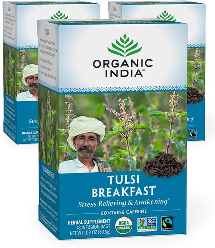 Organic India Tulsi Breakfast Herbal Tea - Holy Basil, Stress Relieving & Awakening, Immune Support, Adaptogen, Vegan, USDA Certified Organic, Non-GMO, Caffeinated - 18 Infusion Bags, 3 Pack in Saudi Arabia