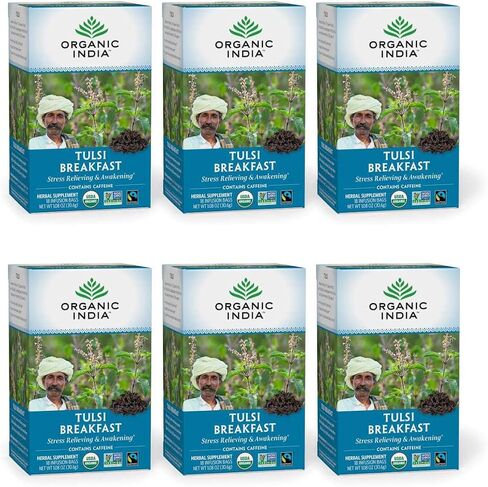 Organic India Tulsi Breakfast Herbal Tea - Holy Basil, Stress Relieving & Awakening, Immune Support, Adaptogen, Vegan, USDA Certified Organic, Non-GMO, Caffeinated - 18 Infusion Bags, 3 Pack in Saudi Arabia