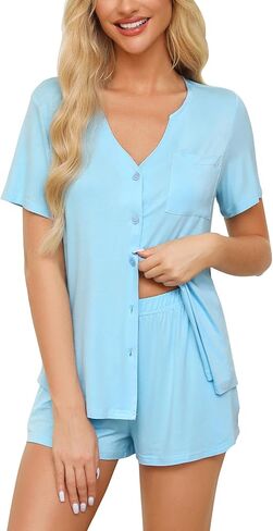 طقم بيجامة Anjue للنساء بأزرار ناعمة وقميص بأكمام قصيرة وسروال بيجامة أطقم صالة S-XXL in Saudi Arabia