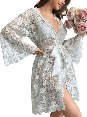 GORGLITTER Women's Sexy Lace Robe See Through Lingerie Kimono Robe Sheer Wedding Gown in Saudi Arabia