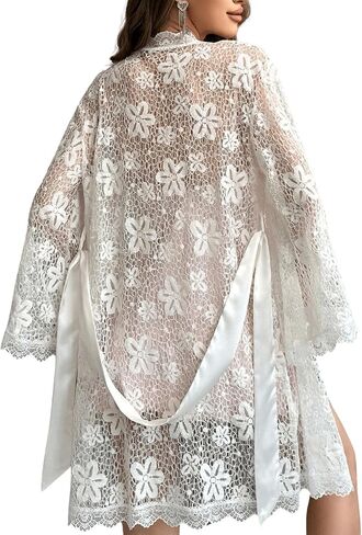 GORGLITTER Women's Sexy Lace Robe See Through Lingerie Kimono Robe Sheer Wedding Gown in Saudi Arabia