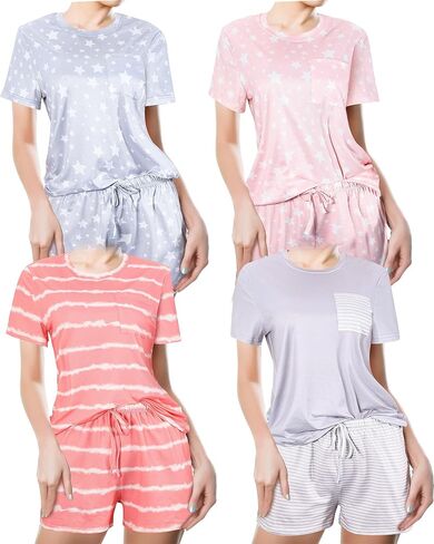 4 Pack Women's Pajama Set Short Sleeve Top with Pants Sleepwear Loungewear Sets with Pockets for Women in Saudi Arabia