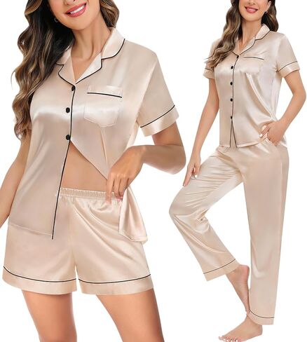طقم بيجامات حريمي من الساتان والحرير من LecGee مكون من 3 قطع بأزرار سفلية ملابس نوم وأكمام قصيرة وسروال قصير مجموعة Pjs ملابس للاستلقاء in Kuwait
