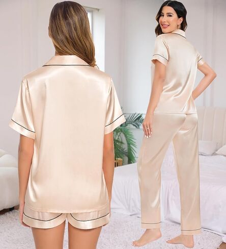 طقم بيجامات حريمي من الساتان والحرير من LecGee مكون من 3 قطع بأزرار سفلية ملابس نوم وأكمام قصيرة وسروال قصير مجموعة Pjs ملابس للاستلقاء in Kuwait