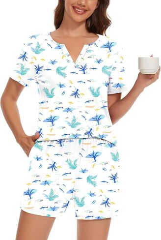 Anyally 2 Piece Women's Summer Short Sleeve Pajama Sets, Plus Size Lounge Sleepwear Ladies Shorts Pjs Sets with Pockets in Saudi Arabia