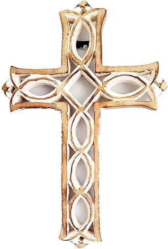 ARTISENIA Wooden Wall Cross Plaque with Hand Carvings Religious Altar Home Living Room Decor | 12 x 8 inch in Saudi Arabia
