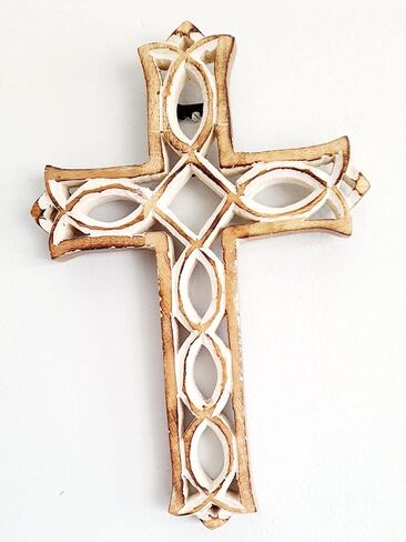 ARTISENIA Wooden Wall Cross Plaque with Hand Carvings Religious Altar Home Living Room Decor | 12 x 8 inch in Saudi Arabia