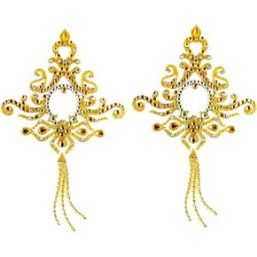 Rhinestone Pasties - Jasmine Gold Reusable Pasties for Lingerie, Burlesque Costumes, Rave Outfits, Carnival, Belly Art - 2Pcs Rhinestone & Crystal Pasties, 2.75 “ x 4.5"