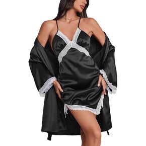 WDIRARA Women's Satin Contrast Lace Nightgown Drawstring Chemise and Long Sleeve Belted Robe Sleepwear Set