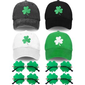 4 Pcs St. Patrick's Day Shamrock Baseball Hat and 4 Pcs Irish Clover Sunglasses Leprechaun Unisex Adjustable Embroidery Baseball Cap Celtic for Men Women Party Green Decor Accessories