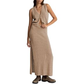 Pink Queen Women's Summer 2 Piece Outfit Set V Neck Button Crop Tank Top Vest Bodycon Maxi Long Skirt Waffle Knit Dress