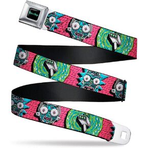 Buckle-Down Rick and Morty Belt, Seatbelt Buckle Belt, Rick and Morty Circuit Faces Portal Gun, Mens Womens Kids Adjustable