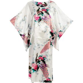 Asian Home Flower Peacock Satin Silk Kimono Dress, Nightgown, Housedress One Size Fits Most Dressing Gown Robe