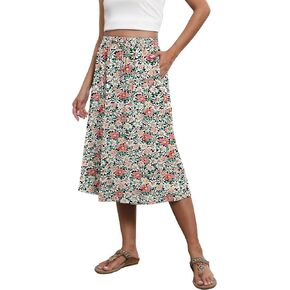 Flowy Skirt Midi Length Elastic High Waist A-Line Skirt with Pockets Bohemia for Women 2024 Trendy(S-2XL)
