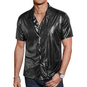 TURETRENDY Men's Glitter Shirt Short Sleeve Shiny Party Costume Tops for Casual Dance Club Prom