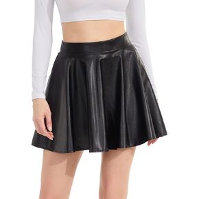 DingCo Women's Faux Leather Black Mini Skirt Classic high Waisted Skirt Pleated Skirt PU Black Leather Skirt