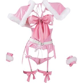 Mobbunny Women's Valentine's Day Lingerie Pink Bowknot Gift Style Cosplay Lingerie Set and Hooded Cape