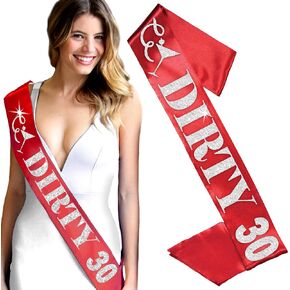 RhinestoneSash 30th Birthday Sash - SET OF 2: Silver Sparkle Dirty 30 PREMIUM GRADE SATIN Sash & Black Satin Bow Clip - Black Sash Bow(Dirty30 GLT) BLK