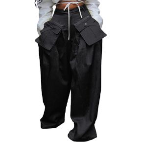SHINFY Women's Satin Cargo Pants Y2K Baggy High Waisted Wide Leg Removable Flap Pockets Palazzo Pants
