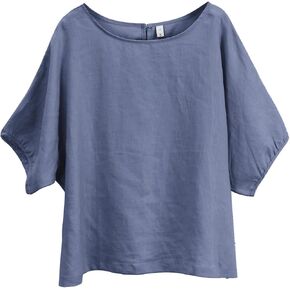 Amazhiyu Women's 100% Linen 3/4 Sleeve Shirts Crew Neck Blouse Tops Loose Fit