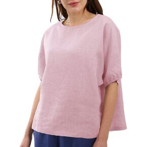 Amazhiyu Women's 100% Linen 3/4 Sleeve Shirts Crew Neck Blouse Tops Loose Fit