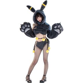 Anime Cosplay Lingerie Black Fluffy Paw Hoodie Lingerie Set for Women Fuzzy Bra and Panty Homewear with Tail