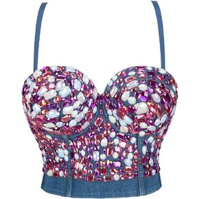 SHYMMUO Womens Denim Tank Tops Sexy Corset Bustier Top Push Up Bra with Metal Rivets