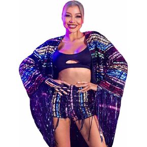 EASEDAILY Women's Sequin Jackets Fringe Open Front Cropped Blazer Coat Long Sleeve Cardigan Sparkle Rave Outfit Multicolor