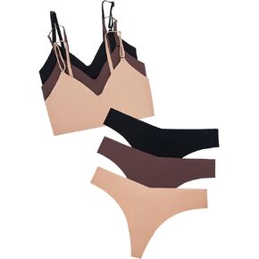 Women's 3 Pack Seamless No Show Bralette and Panty Set Matching Lingerie Set