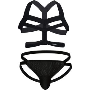 Sexy Lingerie For Men Elastic Body Chest Harness Jockstrap Lingerie Set Shoulder Chest Belt With G String